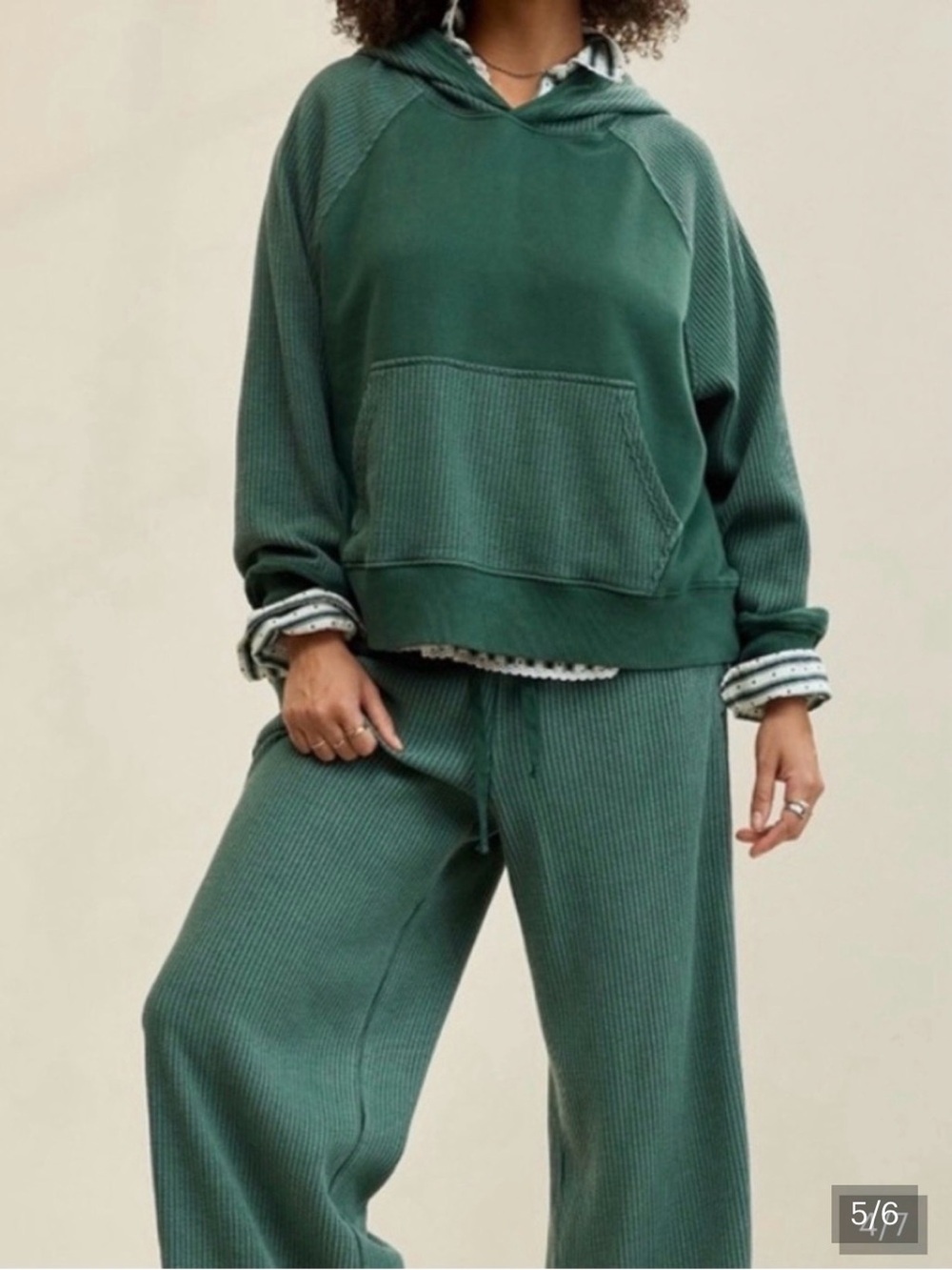 aerie Forest Green Ribbed Hoodie & Wide-Leg Lounge Pants Set